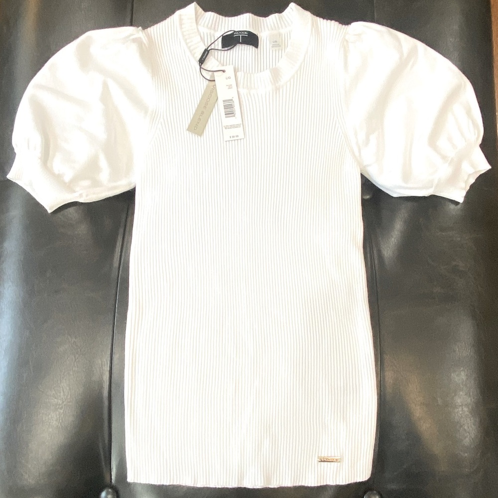 TAHARI white ribbed short sleeve sweater with puffer sleeves size Large